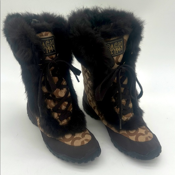 Coach Jennie Signature Fur Trim Lace Up Boots Monogram Khaki Q522 Womens 7.5 B - Picture 5 of 14